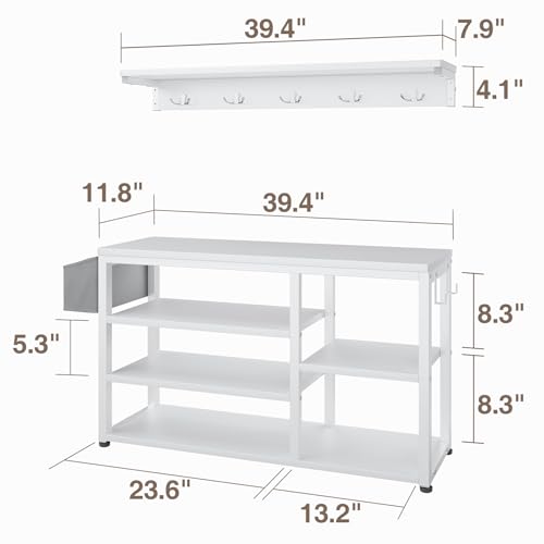 Aiho Hall Tree with Bench, 4 in 1 Coat Rack Set, Industrial Shoe Rack Bench with 4 Hooks, 5 Storage Shoe Cubbies, for Entryway, Hallway, White