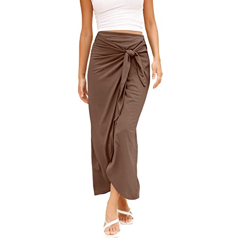 TASAMO Women's Trendy Maxi Skirt - Ruched Pencil Skirt for Summer Beach Vacation（Medium,Olive Brown）