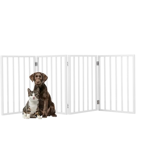 Pet Gate - 4-Panel Indoor Foldable Dog Fence for Stairs, Hallways or Doorways - 72x24-Inch Retractable Wood Freestanding Dog Gates by PETMAKER (White)