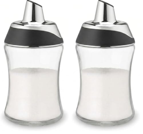 Image of J&M DESIGN Glass Sugar Dispenser with Pour Spout for Coffee Bar, Tea and Kitchen Baking, Auto-Pouring Airtight Lid - 7.5 Oz Container (Pack of 2)