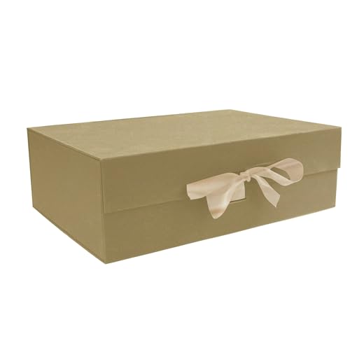 Emartbuy Natural Kraft Brown Magnetic Gift Box with Ribbon – Size 1 Eco-Friendly Recycled Rigid Box for Hampers & Sustainable Gifting – (20 × 18.2 × 8 cm) – Single