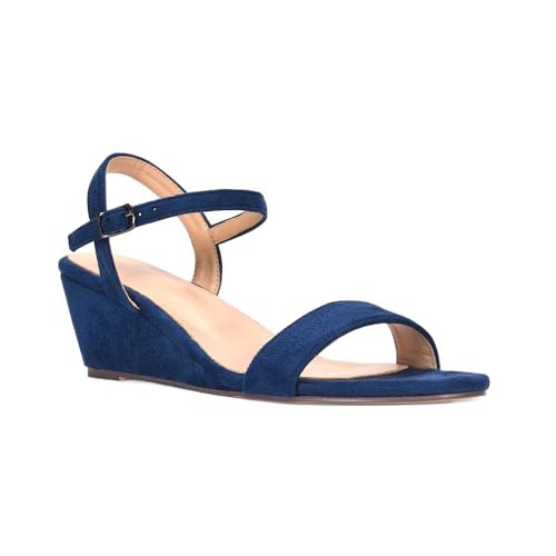 ESSEX GLAM Women's Low Heel Wedge Sandals Ladies Ankle Strap Navy Faux Suede Open Toe Shoes Size 8