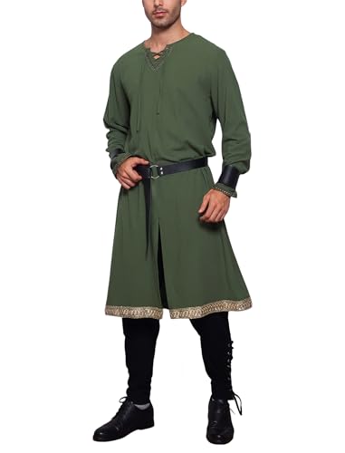 Ropa medieval para hombre Odizli estilo camisa vikinga con pulseras y cinturón