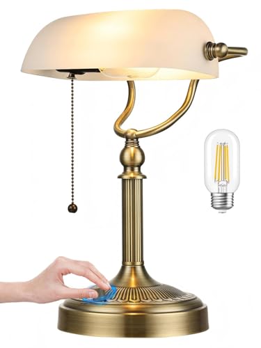 Newrays White Matted Glass Bankers Desk Lamp, Stepless Dimmable Table Lamp Plug in Fixture for Study, Home Office,Library, LED Bulb Included