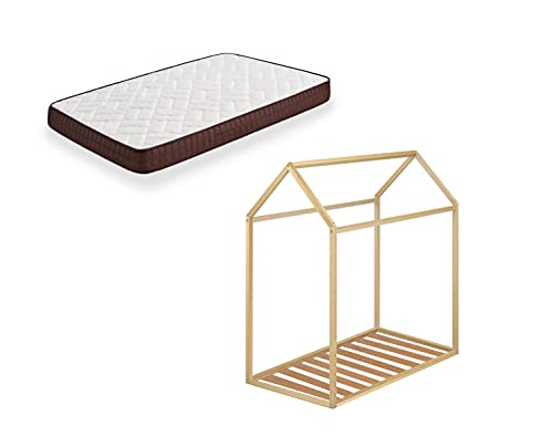 HOGAR24 ES Cama Infantil Tipo Montessori, Casita Madera Maciza Natural + Colchón Viscobrown Medidas; 90 x 190 cm