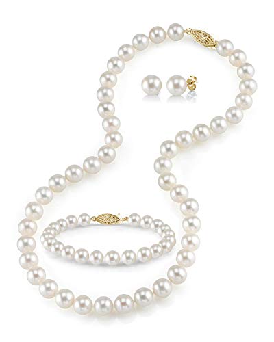 The Pearl Source 14K Gold 6.5-7.0mm Round White Akoya Cultured Pearl Necklace, Bracelet & Earrings Set in 18