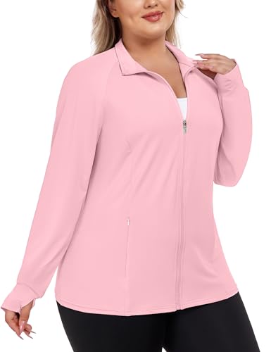 FOREYOND Womens Plus Size Athletic Lightweight Jacket Full Zip Up Workout Jackets Hoodies with Thumb Holes Pink 5XL