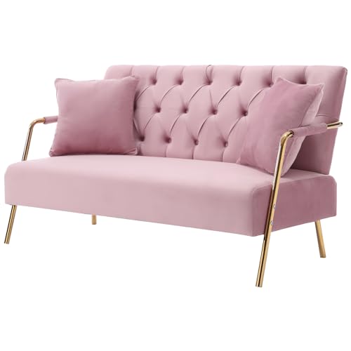Small Velvet Loveseat Sofa: 58″ Mid Century Modern 2 Seater Couch – Comfortable Sofa Couch with 2 Pillows and Gold Metal Legs – Small Spaces Bedroom Apartment Office Living Room (Pink)
