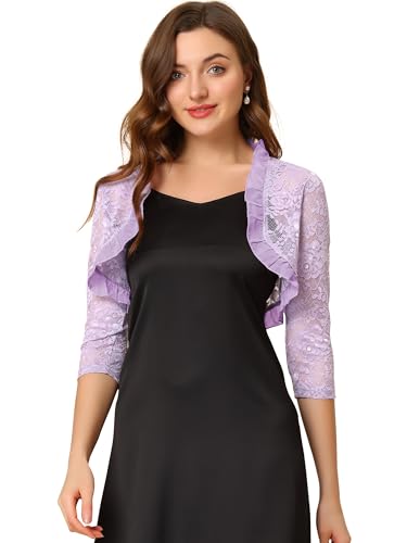 Image of Allegra K Women's Elegant Lace Cardigan Ruffle Collar Crop 3 /4 Sleeve Sheer Bolero Floral Lace Shrug Top