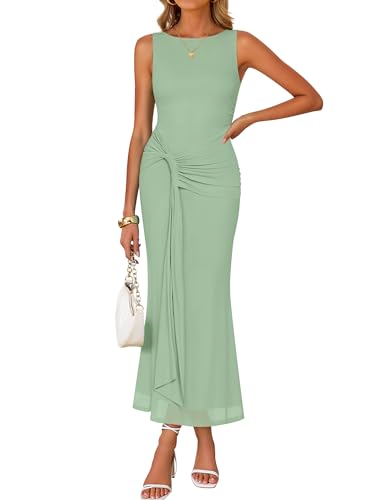 ZESICA Womens Summer Sleeveless Bodycon Dress 2026 Crewneck Ruched Sexy Mesh Wedding Guest Cocktail Party Maxi Dresses Sage Small