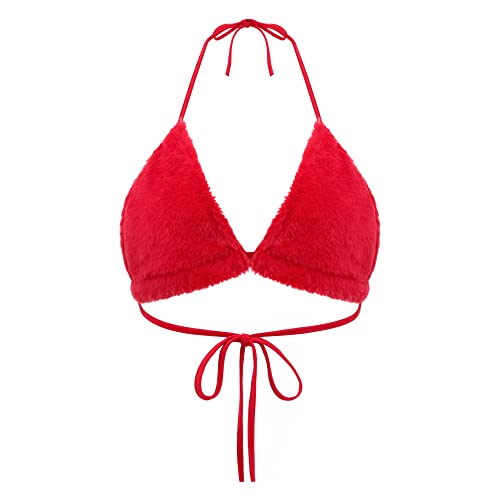 Vimoisa Women Sexy Lace-up Triangle Deep V Bikini Bra Top Vest Downy Halter Backless Crop Top Clubwear(Red M) - Image 4