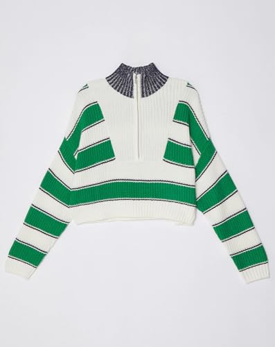 Image of EZAPINE Striped Sweater for Women Cropped Half Zip Stand Collar Casual Long Sleeve Color Block Pullover Tops Green