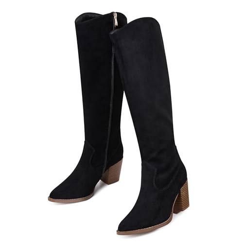 MeiLuSi Black Knee High Boots for Women, Slouchy Tall Suede Boots,Winter Fall Shoes Chunky Heels Slouch Comfortable Riding Shoes Mid Calf Size 7.5