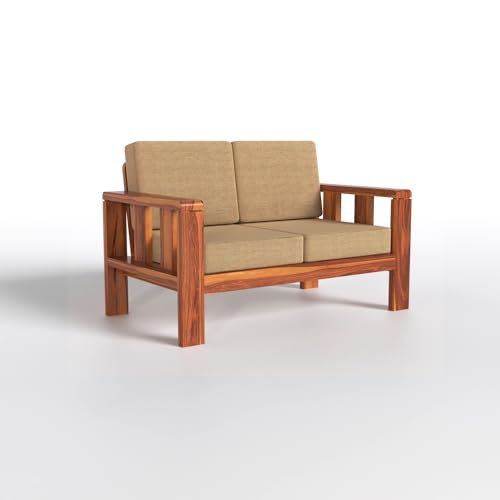 Image of Solid Wood 2 Seater Sofa with Beige Cushion | Sheesham Wooden Sofa Set for Living Room in Natural Teak Finish