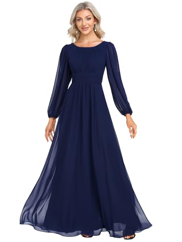 Ever-Pretty Damen Long Festliches Kleider Lange Ärmel Chiffon Rundkragen Ärmellos Elegant Navy Blau 46EU