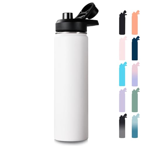 Fijinhom 24 oz Insulated Water Bottle with Handle, 304 Stainless Steel Water Bottles with Wide Mouth, Double Wall Vacuum Sports Water Bottle, BPA Free, Keep Cold and Hot, White