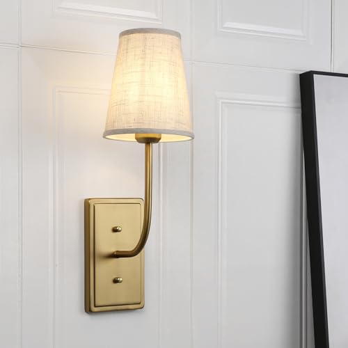 JIMUBEAM Vintage Brass Wall Sconce 1-Light, Linen Fabric Shade Wall Lamp Hardwired Indoor Wall Light for Bedroom Living Room Vanity Bathroom
