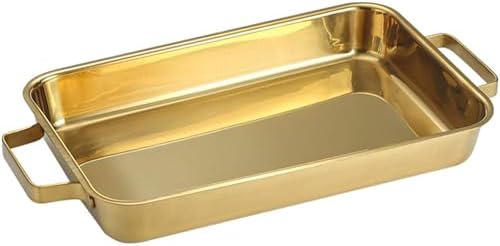 Rectangle Spanish Paella Pan 42cm, 304 Stainless Steel Non-Stick Skillet with Dual Handles, Ideal for Seafood & Home Cooking, Durable Kitchen Cookware, Gold Finish