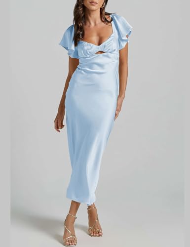 Image of Summer Satin Flutter Sleeve Wedding Guest Dresses for Women Sweetheart Neckline Cutout Tie Back Midi Cocktail Dress