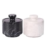 Marble Hives Marble Salt Cellar With Lid- Pack Of 2 Marble Salt And Pepper Bowls- Salt Holder With Lid To Put Salt, Paprika, Pepper, And Spice (White & Black, Style 01)