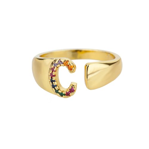 NEDOES Anillos con letras de circón de arcoíris para mujer, anillo de acero inoxidable de Color dorado, anillos ajustables para parejas de bodas, joyería Bohemia