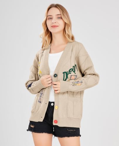 Women's Cable Knit Cardigan, Long Sleeve, Open Front, V-Neck, Button Placket, Embroidered Wool-Blend Sweater Jacket for Outdoor Wear