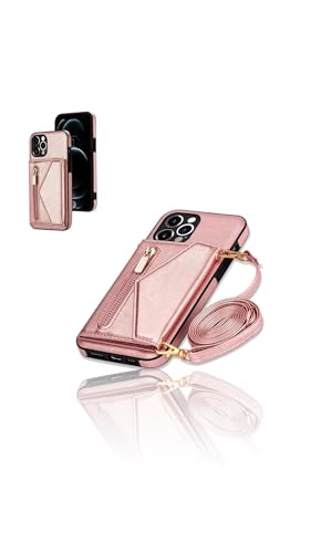 Sweet seven Wallet Crossbody for iPhone 13 Pro Max - PU Leather Handbag Phone Case with Lanyard, Credit Card Holder, Zipper Purse, Kickstand - Pink