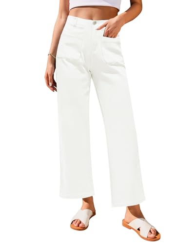 Roskiky Damen XXL Weisse Baggy Jeans High Waist 3/4 Hose Sommer Wide Leg Jeans Stretch Elfenbeinweiß