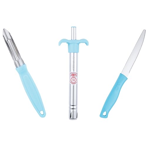 Image of Anjali 3-Piece Kitchen Tool Set - 1 Knife, 1 Peeler, 1 Lighter - Ideal for Cooking, Food Prep, and Daily Uses in Home and Kitchen- Blue
