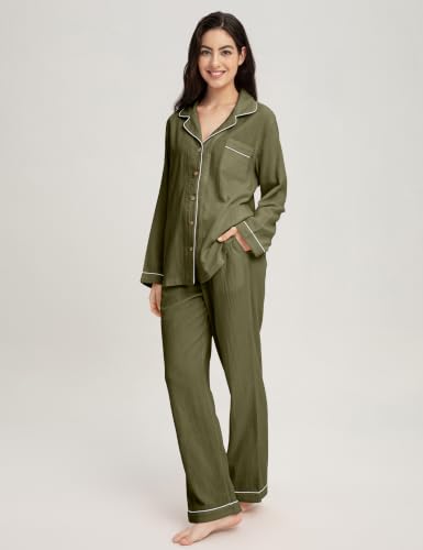 Image of Womens Muslin Pajama Set 100% Cotton Double Gauze Linen Like | Breathable Soft Comfort Button Up Loungewear Sleepwear PJ Set