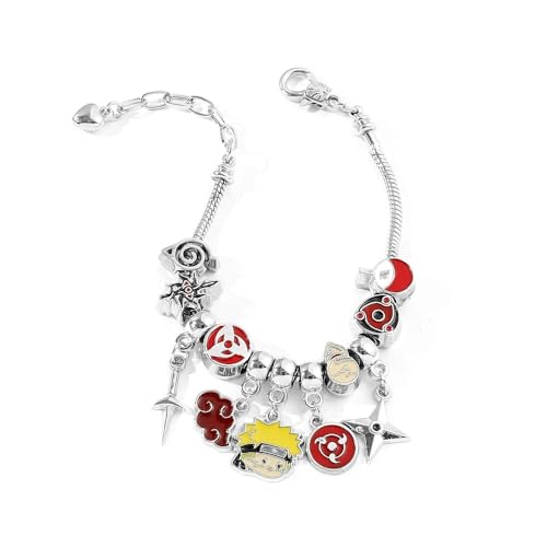 Anime Themed Charm Bracelet, Silver Metal, Red Enamel Charms, Ninja Character Design, 7.08 Inch Chain with 1.96 Inch Extender, Cosplay Jewelry3