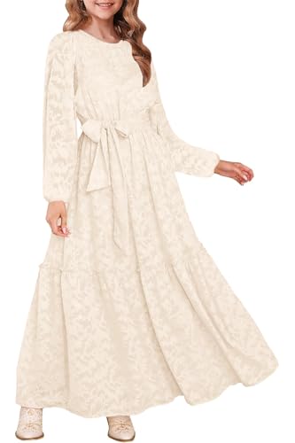 MITILLY Fall Flower Girl Dress Long Sleeve Elegant Crew Neck A-Line Elastic Waist Formal Maxi Dresses with Belt 6-12 Years