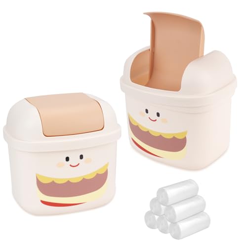 RETON 2 Stück Nette Mini Mülleimer Mit Deckel, Mini Mülleimer mit 180-Mülltüten,Kreativer Tischmülleimer Klein, Tischabfalleimer für Schlafzimmer Badezimmer Küche Büro (Creme) (2)
