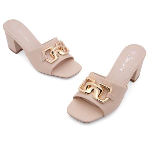 Image of Shoe Land Women's Low Block Heels 2025 - Square Open Toe Slip-On Mules with Metal Chain, Comfortable Chunky Dressy Heeled Slides for Wedding, Office, Party & Everyday Wear