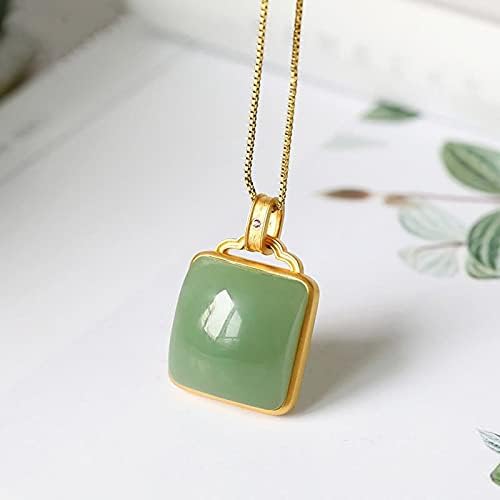LVYANHetian Jade Green Jade S925 Sterling Silver Plain Pendant Necklace Inlaid Jade Finished Product Pendant Clavicle Chain Penda