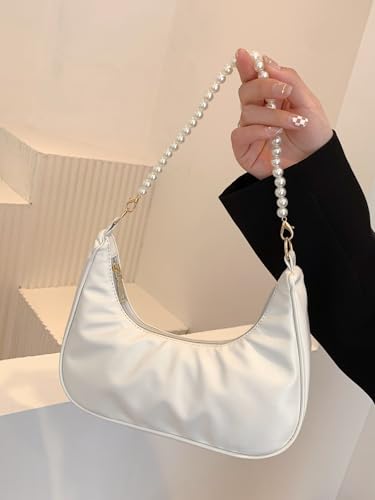 Image of SweatyRocks Women's Pearls Chain Top Handle Shoulder Bags PU Leather Zipper Hobo Bags Clutch Purses White One-Size