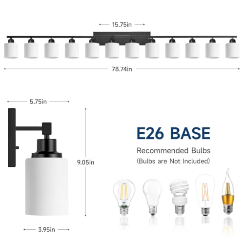 Image of 12 Light Black Vanity Lights for Giant Mirror, Bathroom Vanity Lights Over Mirror with Milky White Frosted Glass Shades,78.8 inch Bathroom Light Fixture for Mirrors, E26