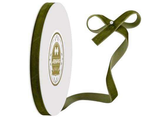 Olive Green Velvet Ribbon - 3/8 Inch x 10 Yards for Gift Wrapping Crafts Christmas Decor Bow Making Vintage Fabric