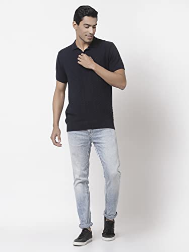 Image of Style Quotient Men Navy Blue Self Design Tshirts