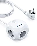 KOOSLA 3 Fach Steckdosenleiste (2500W/10A), Cube Steckdosenwürfel mit USB-C, Würfel Mehrfachsteckdose mit Schalter, Schreibtisch Steckdose für Büro Sofa Reise, 1.5M Kabel, Weiß
