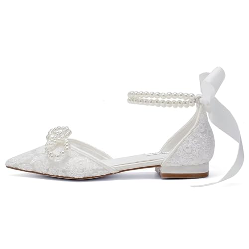 Image of Pearl Wedding Shoes for Bride Flat Lace Bride Shoes Pointed Toe Bridal Flats