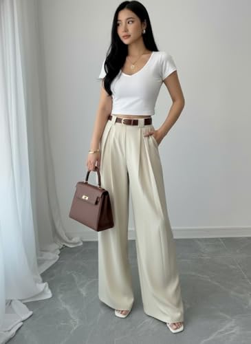 Image of SMOWKLY Women's Korean Style Loose Fit Wide Leg Trousers | Cotton Blend Pleated Palazzo Pants with Elastic Back Waist | High Waist Office & Casual Wear | Stretchable & Breathable