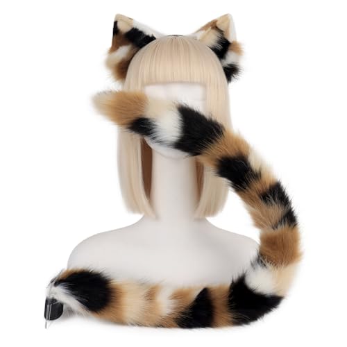 QinRuan Animal Cosplay Costume Accessories Furry Faux Fur Cat Ears Headband and Fox Tail Set Halloween Accessory