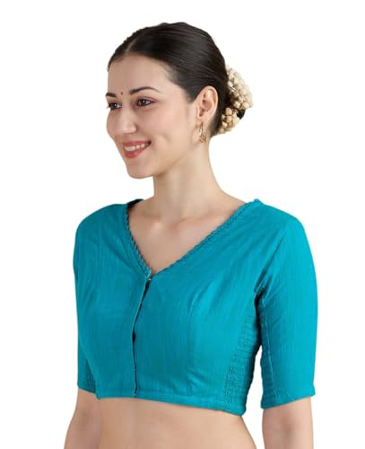 Image of Studio Shringaar Women's Handloom Cotton Side Stretchable (Smocked) Readymade Saree Blouse with Crochet Neckline