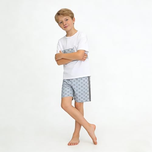 Image of Ayzozuy Boy Clothes Colorblock Top + Drawstring Waist Shorts 2 Pieces Kid Summer Outfits Set