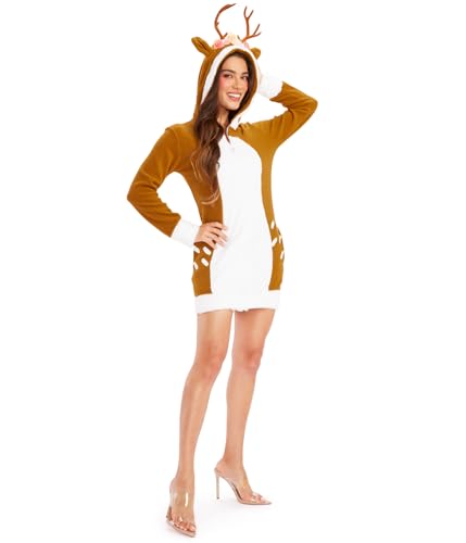 Tipsy Elves Halloween Dress Costumes For Women - Wildy Cute Fun Adult Women's Zip Up Animal Halloween Costumes Forrest Fawn Brown Deer Costume Dress Size X-Small