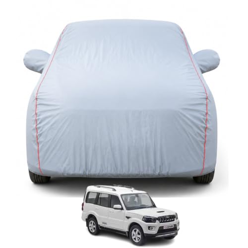 Image of Premium Car Cover for Scorpio (2002-2005) Models | Waterproof, UV & Dust Protection | Mirror & Antenna Pocket | Triple Stitched, Soft Inner Lining, Belt & Buckle (Dark Grey)