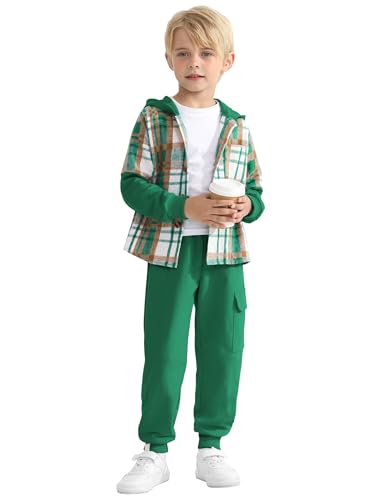 Image of 2Pcs Boys Clothes Sweatsuit Set Hoodie Flannel Plaid Shirt and Jogger Pants for Kids Fall Winter Spring Outfits