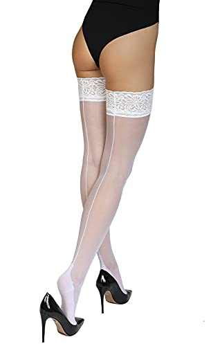Annes styling – Bas Sexy En Dentelle Avec Couture Arrière Pour Femme 20 Deniers, Bianco TG-3/4