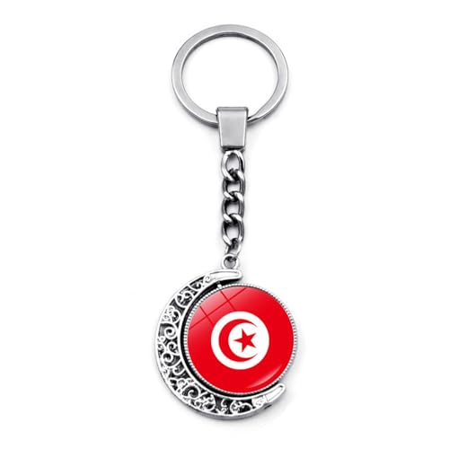 Mode Mode Verre Porte-Clés Tunisie Drapeau National Rotation Lune Voiture Porte-Clés, Accessoires Simple Sac Porte-Clés Bijoux Pour Femmes Hommes Cadeau, Mode Porte-Clés, Long: 10 Cm